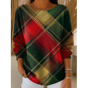 Women Plaid Printing Spring/Fall Casual Long Sleeve Crew Neck Sweater