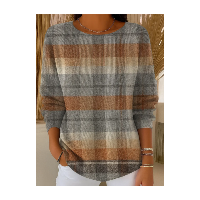 Women Plaid Printing Spring/Fall Casual Long Sleeve Crew Neck Sweater