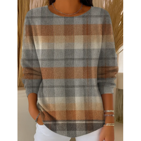 Women Plaid Printing Spring/Fall Casual Long Sleeve Crew Neck Sweater