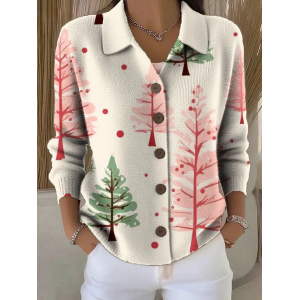 Women Christmas Printing Long Sleeve Shawl Collar Vintage Spring/Fall Cardigan Outerwear