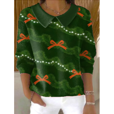 Women Christmas Printing Spring/Fall Casual Long Sleeve Shawl Collar Sweater