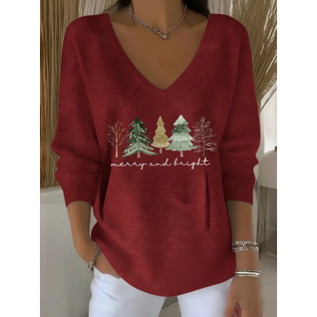 Women Christmas Long Sleeve Tee T-shirt V Neck Printing Casual Spring/Fall Top