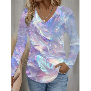 Women Abstract Long Sleeve Tee T-shirt V Neck Printing Casual Spring/Fall Graphic Tee Top