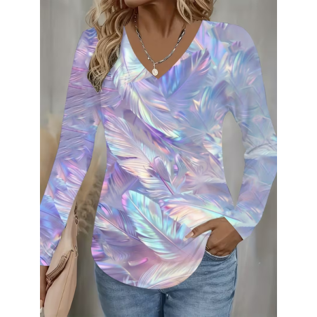 Women Abstract Long Sleeve Tee T-shirt V Neck Printing Casual Spring/Fall Graphic Tee Top