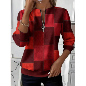 Women Abstract Plaid Crew Neck Printing Casual Spring/Fall Long Sleeve Sweatshirt
