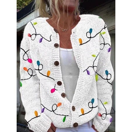 Women Christmas Printing Long Sleeve Crew Neck Vintage Spring/Fall Cardigan Outerwear