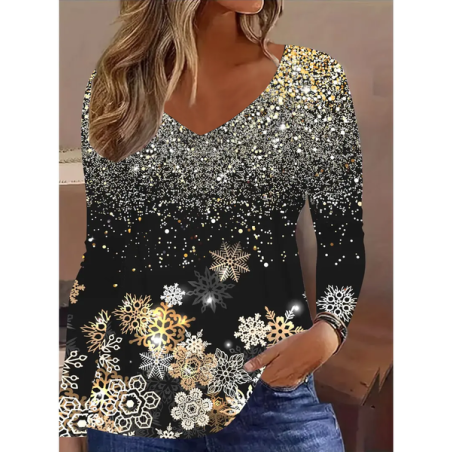 Women Christmas Long Sleeve Tee T-shirt V Neck Printing Casual Spring/Fall Graphic Tee Top