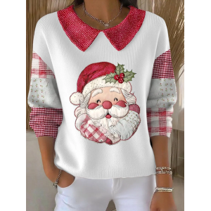 Women Santa Claus Printing Spring/Fall Casual Long Sleeve Shawl Collar Sweater