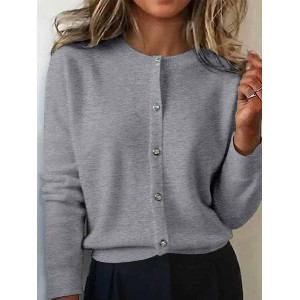 Women Plain Long Sleeve Crew Neck Vintage Winter Cardigan Outerwear
