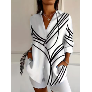 Women Abstract Long Sleeve Shirt Spring/Fall Buckle Shirt Collar Regular Sleeve Daily Casual Top
