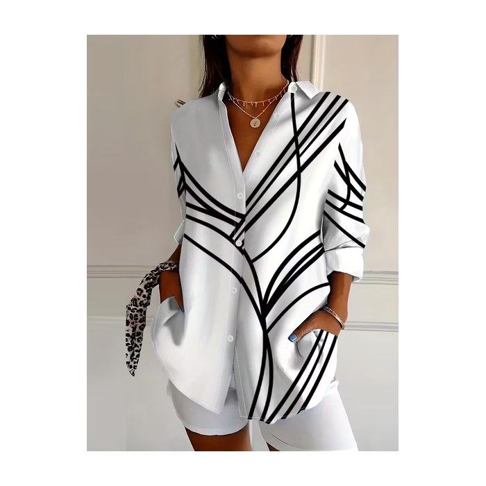 Women Abstract Long Sleeve Shirt Spring/Fall Buckle Shirt Collar Regular Sleeve Daily Casual Top