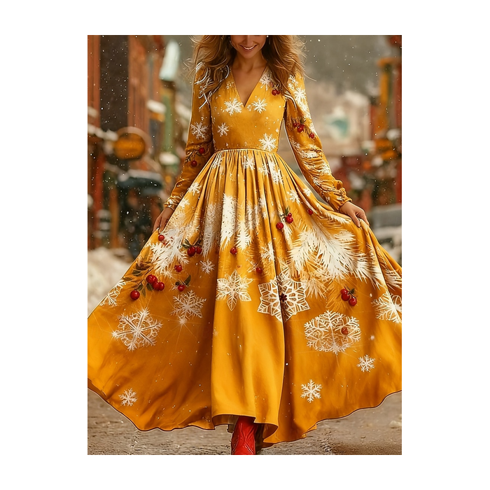Women Christmas Long Sleeve Spring/Fall Dress V Neck Holiday Vintage Maxi A-Line Dress