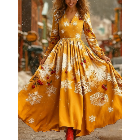 Women Christmas Long Sleeve Spring/Fall Dress V Neck Holiday Vintage Maxi A-Line Dress
