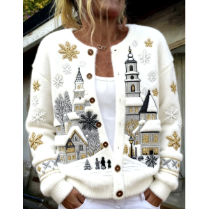 Women Christmas Long Sleeve Stand Collar Casual Spring/Fall Cardigan Outerwear