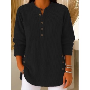 Women Plain Long Sleeve Tee T-shirt Crew Neck Buckle Vintage Spring/Fall Top