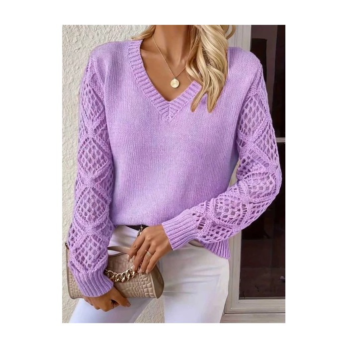 Women Plain Jacquard Winter Casual Long Sleeve V Neck Wool Sweater