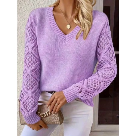 Women Plain Jacquard Winter Casual Long Sleeve V Neck Wool Sweater