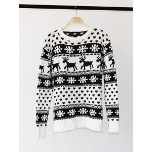 Women Ugly Sweater Christmas Jacquard Snowflake Deer Long Sleeve Knitted Sweater