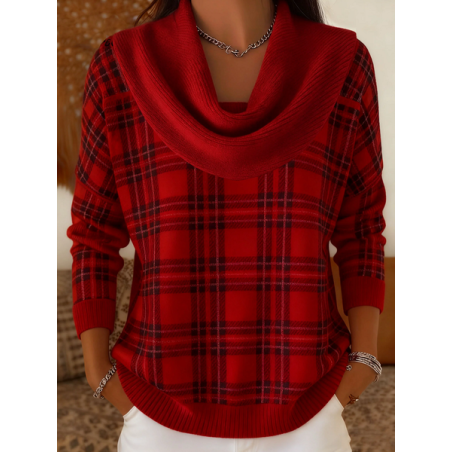 Women Plaid Printing Spring/Fall Casual Long Sleeve Cowl Neck Sweater