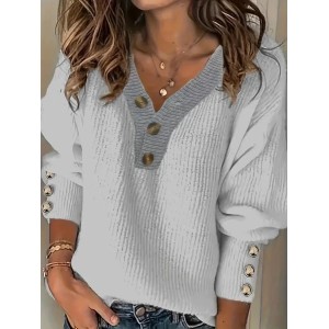 Women Plain Split Joint Winter Street Long Sleeve V Neck Sweater