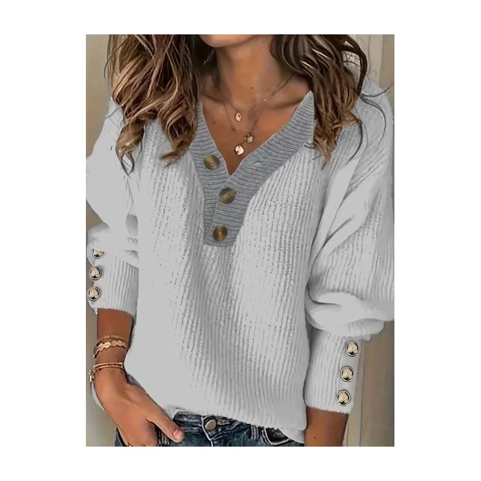 Women Plain Split Joint Winter Street Long Sleeve V Neck Sweater