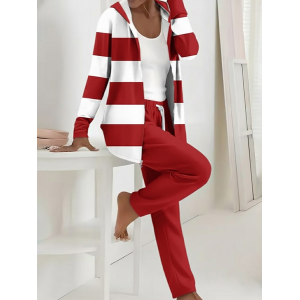 Women Striped Printing Two-Piece Set Daily Long Sleeve Casual Spring/Fall Coat With Pants Matching Set