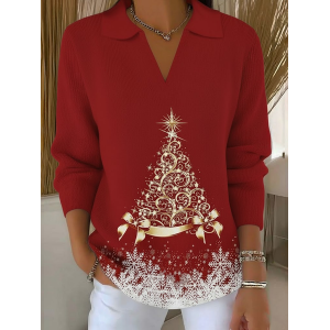 Women Christmas Printing Spring/Fall Casual Long Sleeve Shawl Collar Sweater