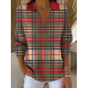 Women Plaid Printing Spring/Fall Casual Long Sleeve Shawl Collar Sweater