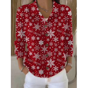 Women Christmas Printing Long Sleeve Shawl Collar Vintage Spring/Fall Cardigan Outerwear