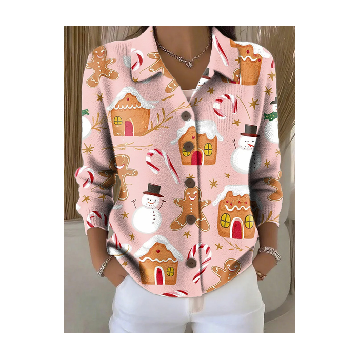 Women Christmas Snowman Printing Long Sleeve Shawl Collar Vintage Spring/Fall Cardigan Outerwear