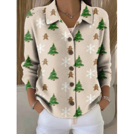 Women Christmas Printing Long Sleeve Shawl Collar Vintage Spring/Fall Cardigan Outerwear