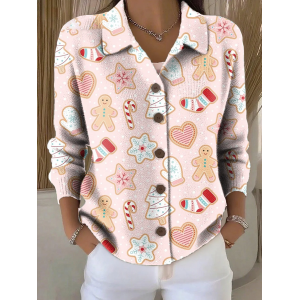 Women Christmas Printing Long Sleeve Shawl Collar Vintage Spring/Fall Cardigan Outerwear