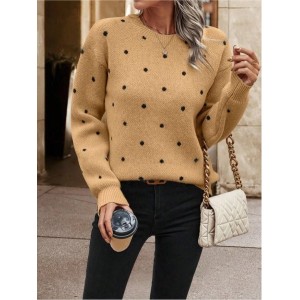 Women Polka Dots Printing Winter Casual Long Sleeve Crew Neck Sweater
