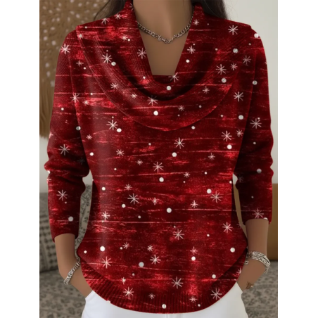 Women Christmas Printing Spring/Fall Casual Long Sleeve Cowl Neck Sweater