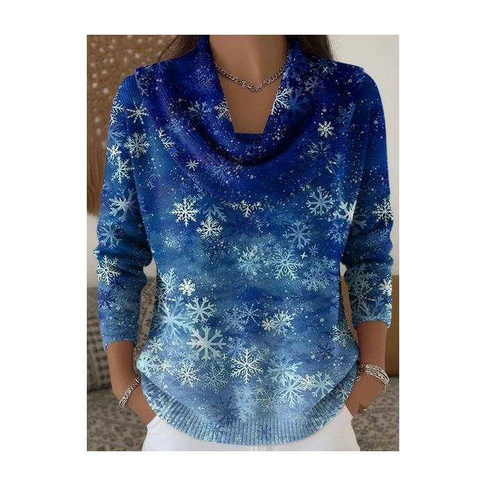 Women Christmas Printing Spring/Fall Casual Long Sleeve Cowl Neck Sweater