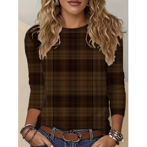 Women Plaid Long Sleeve Tee T-shirt Crew Neck Printing Casual Spring/Fall Graphic Tee Top