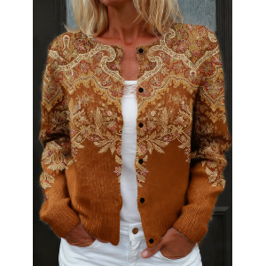 Women Geometric Vintage Spring/Fall Buttons Knitted Cardigan