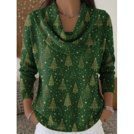 Women Christmas Printing Spring/Fall Casual Long Sleeve Cowl Neck Sweater