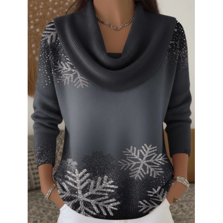 Women Christmas Printing Spring/Fall Casual Long Sleeve Cowl Neck Sweater