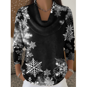Women Christmas Printing Spring/Fall Casual Long Sleeve Cowl Neck Sweater