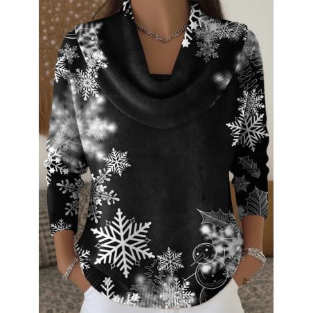 Women Christmas Printing Spring/Fall Casual Long Sleeve Cowl Neck Sweater