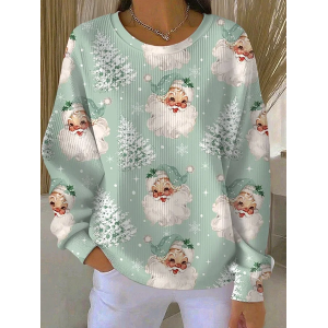 Women Santa Claus Crew Neck Printing Casual Spring/Fall Long Sleeve Sweatshirt