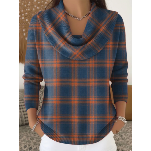 Women Plaid Printing Spring/Fall Casual Long Sleeve Cowl Neck Sweater