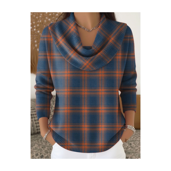 Women Plaid Printing Spring/Fall Casual Long Sleeve Cowl Neck Sweater