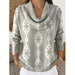 Women Abstract Printing Spring/Fall Casual Long Sleeve Cowl Neck Sweater