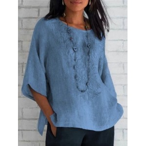 Women's Short Sleeve Blouse Summer Purple Plain Embroidery Cotton Crew Neck Daily Casual Top