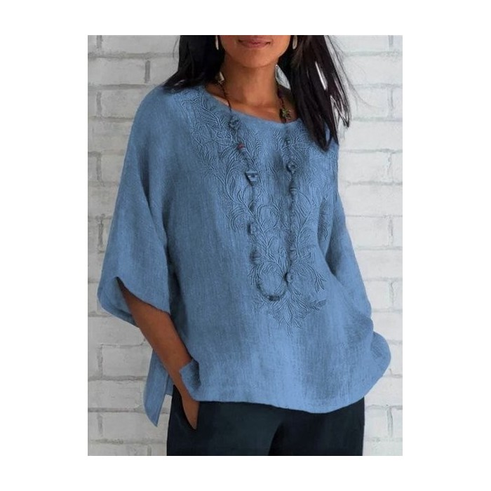 Women's Short Sleeve Blouse Summer Purple Plain Embroidery Cotton Crew Neck Daily Casual Top