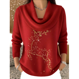 Women Christmas Printing Spring/Fall Casual Long Sleeve Cowl Neck Sweater