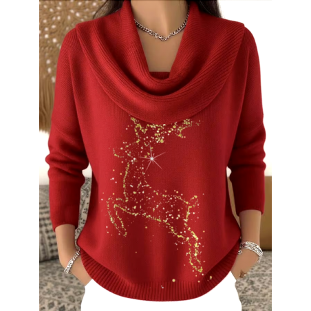 Women Christmas Printing Spring/Fall Casual Long Sleeve Cowl Neck Sweater