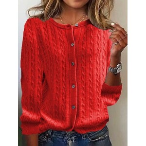 Women's Solid Plain Buttoned Spring/Fall Casual Long Sleeve Crew Neck Sweater